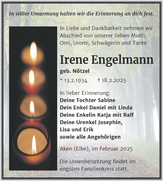 Traueranzeige von Irene Engelmann von Trauerkombi Köthen