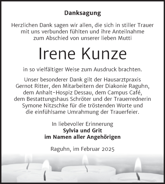 Traueranzeige von Irene Kunze von Trauerkombi Bitterfeld