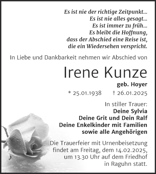 Traueranzeige von Irene Kunze von Trauerkombi Bitterfeld