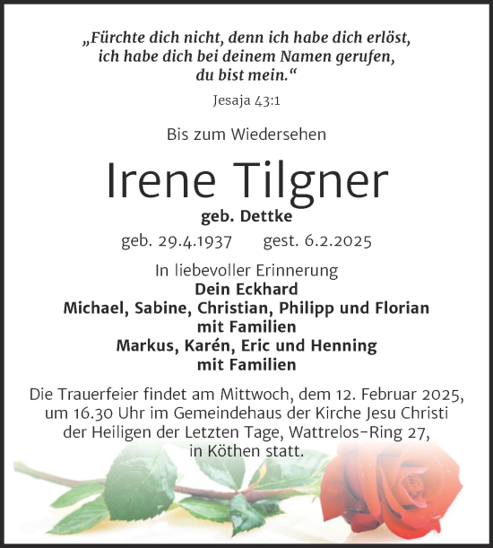 Traueranzeige von Irene Tilgner von Mitteldeutsche Zeitung Köthen