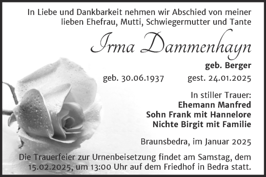 Traueranzeige von Irma Dammenhayn von Trauerkombi Merseburg