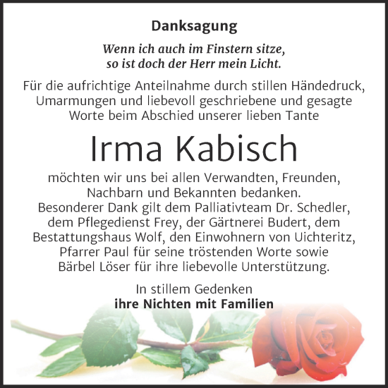 Traueranzeige von Irma Kabisch von Trauerkombi Weißenfels