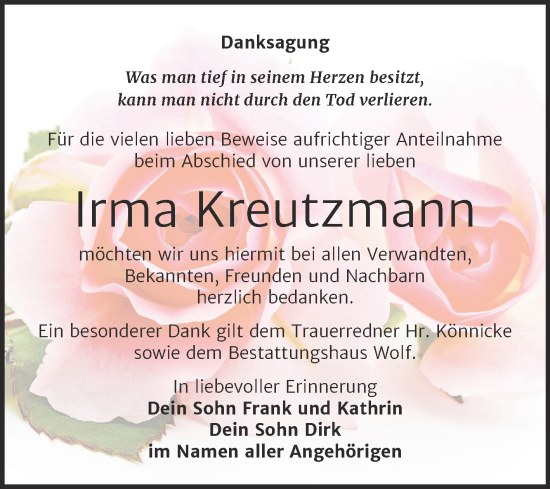 Traueranzeige von Irma Kreutzmann von Trauerkombi Weißenfels
