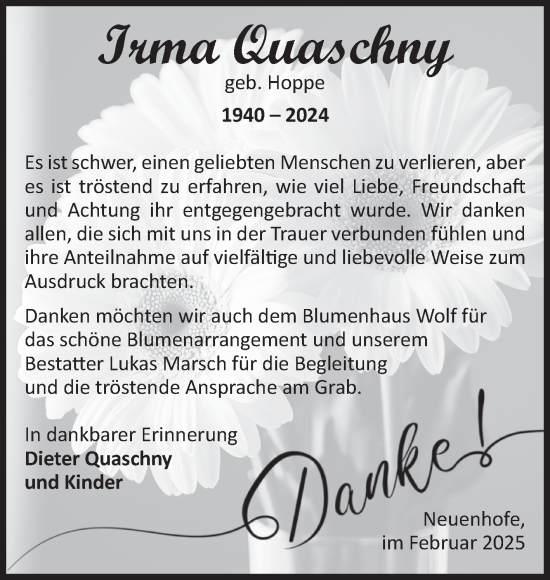 Traueranzeige von Irma Quaschny von Volksstimme Haldensleben/Wolmirstedt