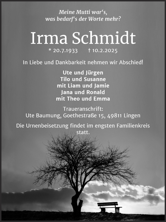Traueranzeige von Irma Schmidt von Trauerkombi Dessau