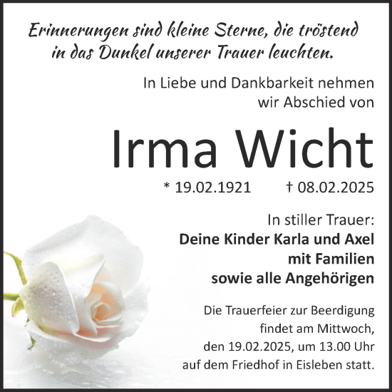 Traueranzeige von Irma Wicht von Mitteldeutsche Zeitung Mansfelder Land