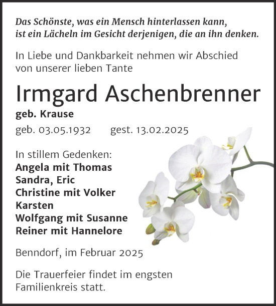 Traueranzeige von Irmgard Aschenbrenner von Mitteldeutsche Zeitung Mansfelder Land
