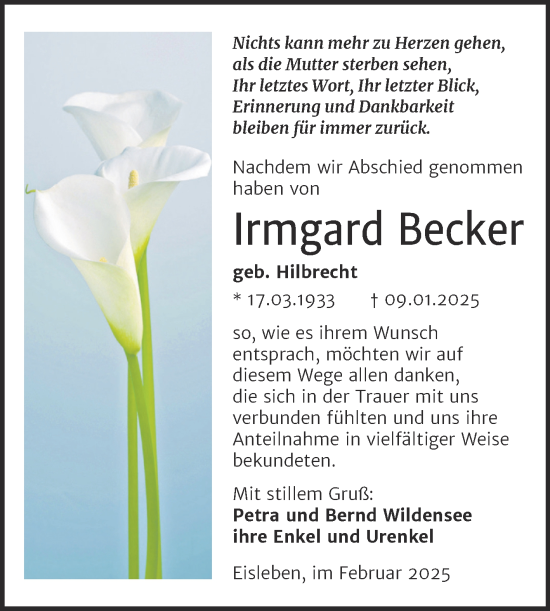 Traueranzeige von Irmgard Becker von Trauerkombi Mansfelder Land