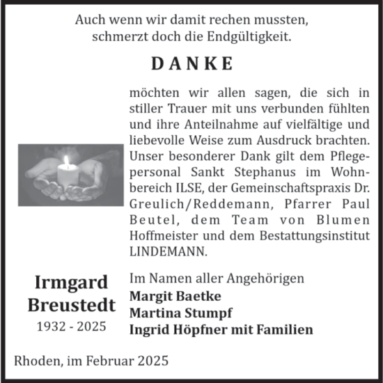 Traueranzeige von Irmgard Breustedt von Volksstimme Halberstadt