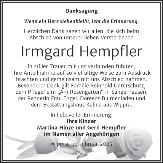 Traueranzeige von Irmgard Hempfler von Trauerkombi Sangerhausen