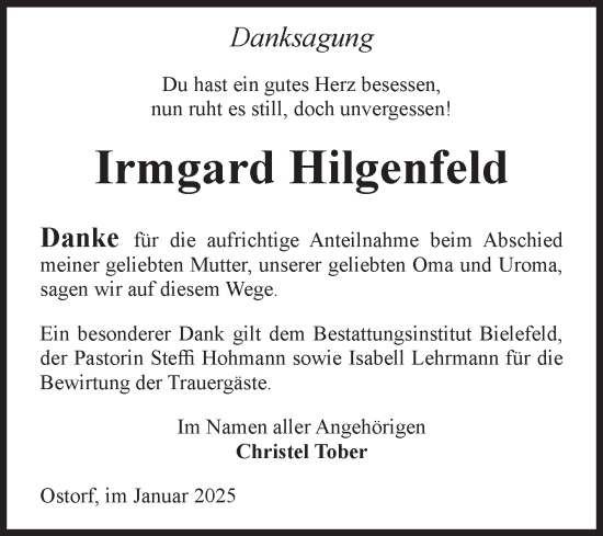 Traueranzeige von Irmgard Hilgenfeld von Volksstimme Altmark Ost