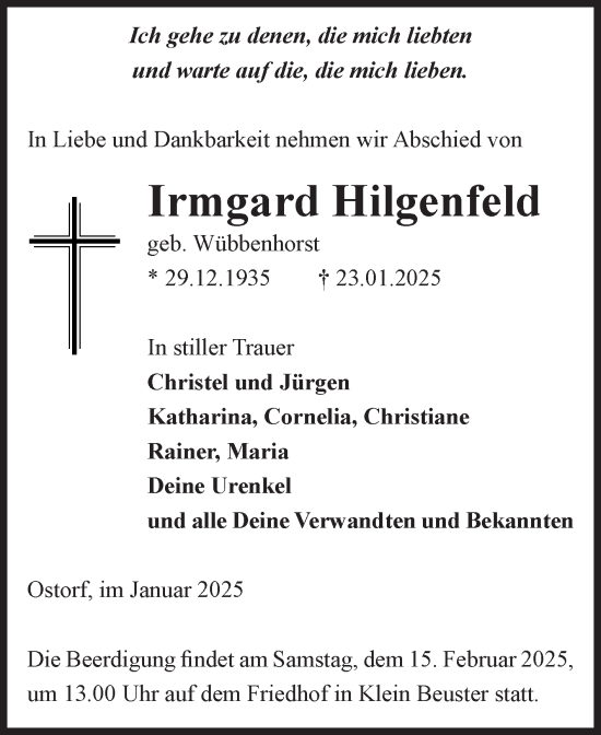 Traueranzeige von Irmgard Hilgenfeld von Volksstimme Altmark Ost