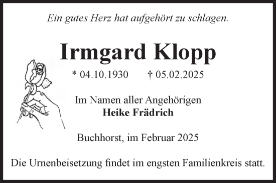 Traueranzeige von Irmgard Klopp von Volksstimme Altmark West