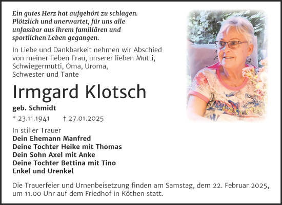 Traueranzeige von Irmgard Klotsch von Trauerkombi Köthen