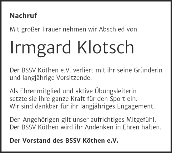 Traueranzeige von Irmgard Klotsch von Trauerkombi Köthen
