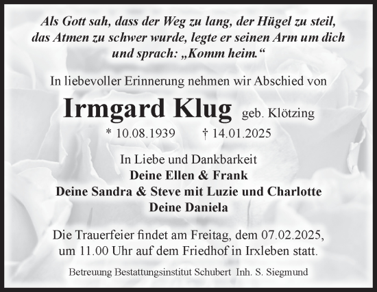 Traueranzeige von Irmgard Klug von Volksstimme Magdeburg