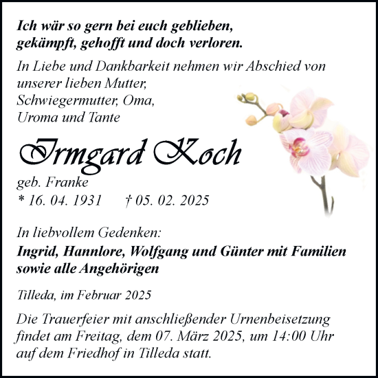 Traueranzeige von Irmgard Koch von Trauerkombi Sangerhausen