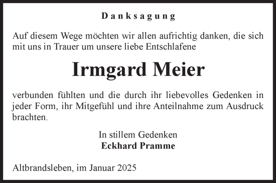 Traueranzeige von Irmgard Meier von Volksstimme Oschersleben/Wanzleben