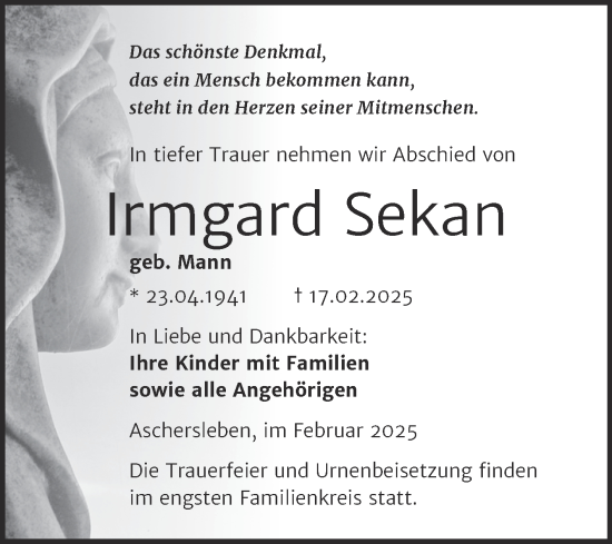 Traueranzeige von Irmgard Sekan von Trauerkombi Aschersleben