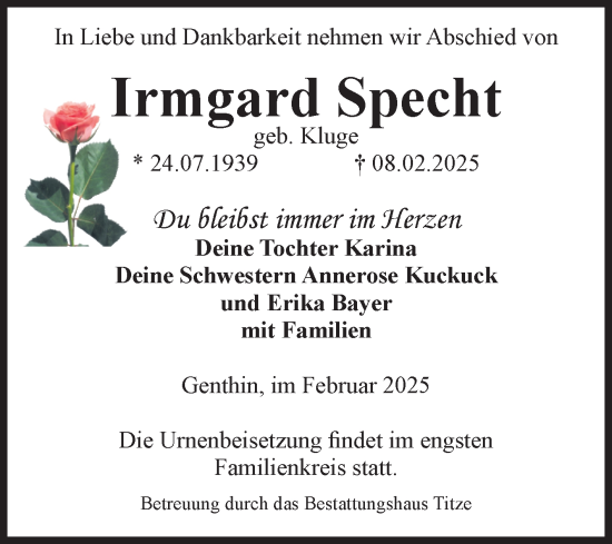 Traueranzeige von Irmgard Specht von Volksstimme Burg/Genthin