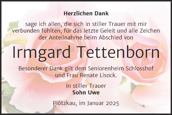Traueranzeige von Irmgard Tettenborn von Trauerkombi Bernburg