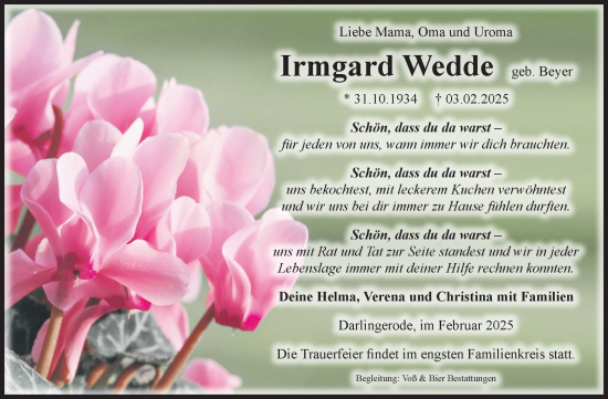 Traueranzeige von Irmgard Wedde von Volksstimme Wernigerode