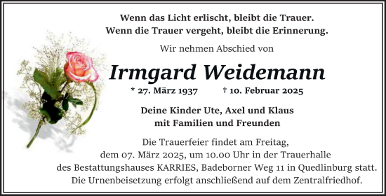 Traueranzeige von Irmgard Weidemann von Trauerkombi Quedlinburg