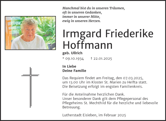 Traueranzeige von Irmgard Friederike Hoffmann von Trauerkombi Mansfelder Land