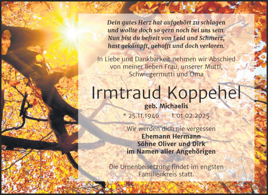 Traueranzeige von Irmtraud Koppehel von Trauerkombi Bernburg