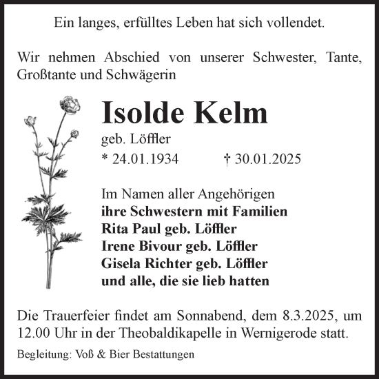 Traueranzeige von Isolde Kelm von Volksstimme Wernigerode