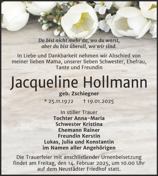 Traueranzeige von Jacqueline Hollmann von Mitteldeutsche Zeitung Halle/Saalkreis