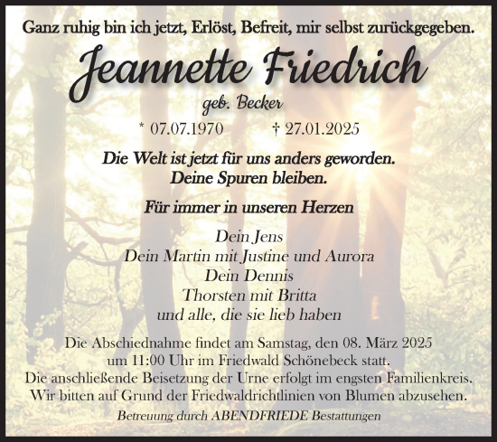 Traueranzeige von Jeannette Friedrich von Volksstimme Haldensleben/Wolmirstedt