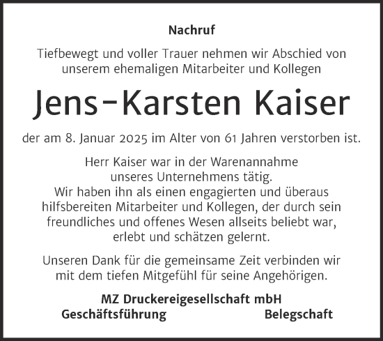 Traueranzeige von Jens-Karsten Kaiser von Mitteldeutsche Zeitung Halle/Saalkreis