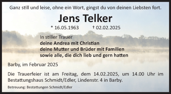 Traueranzeige von Jens Telker von Volksstimme Schönebeck