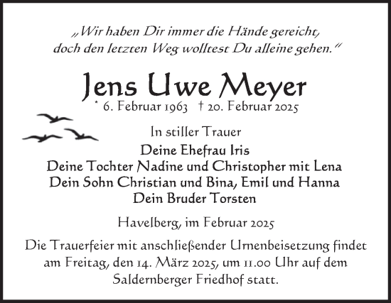 Traueranzeige von Jens Uwe Meyer von Volksstimme Altmark Ost