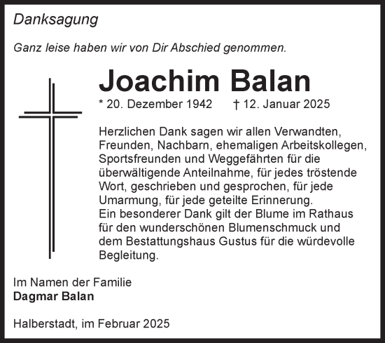 Traueranzeige von Joachim Balan von Volksstimme Halberstadt