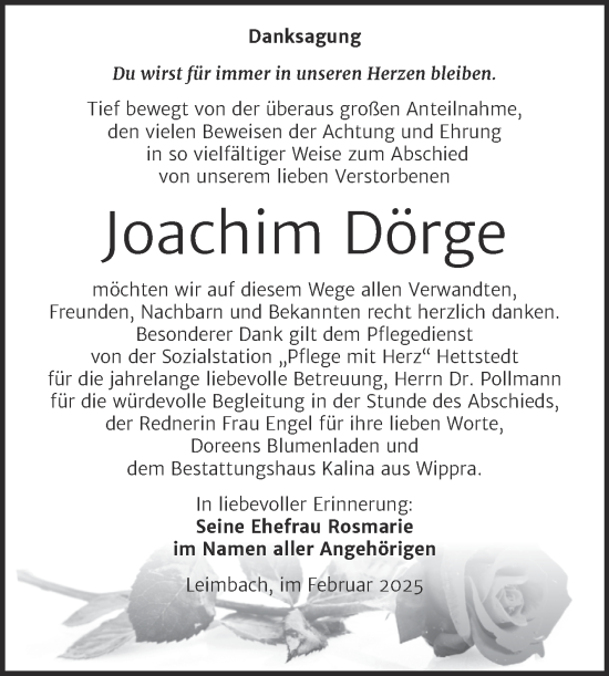Traueranzeige von Joachim Dörge von Trauerkombi Mansfelder Land