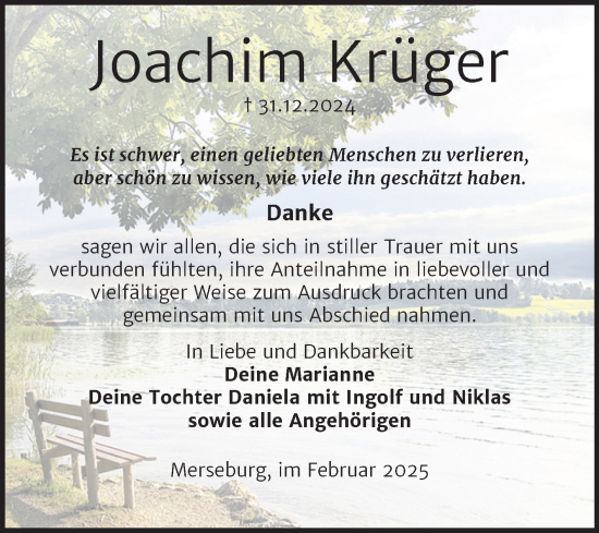 Traueranzeige von Joachim Krüger von Trauerkombi Merseburg