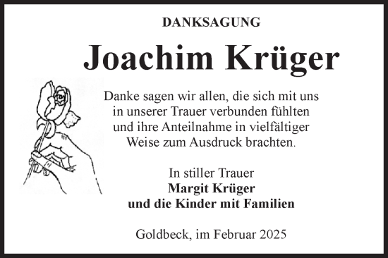 Traueranzeige von Joachim Krüger von Volksstimme Altmark Ost