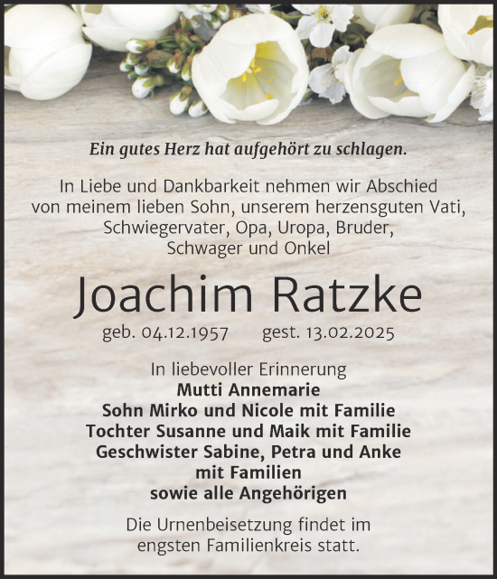 Traueranzeige von Joachim Ratzke von Trauerkombi Bernburg