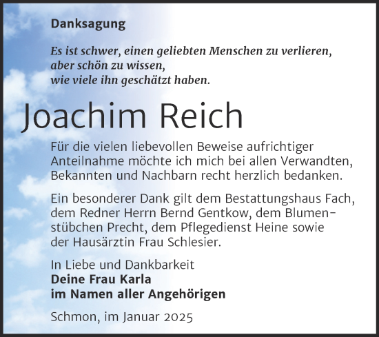 Traueranzeige von Joachim Reich von Trauerkombi Merseburg