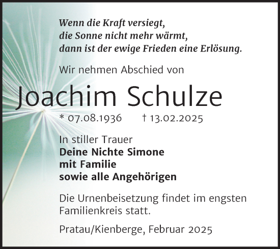 Traueranzeige von Joachim Schulze von Trauerkombi Wittenberg