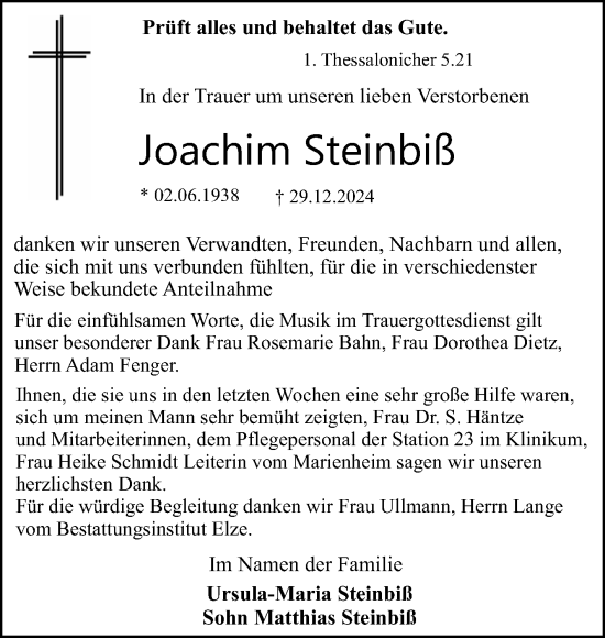 Traueranzeige von Joachim Steinbiß von Trauerkombi Dessau