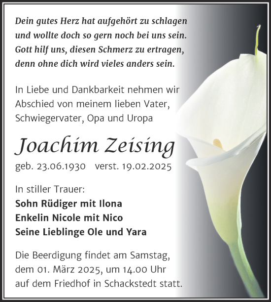 Traueranzeige von Joachim Zeising von Mitteldeutsche Zeitung Bernburg
