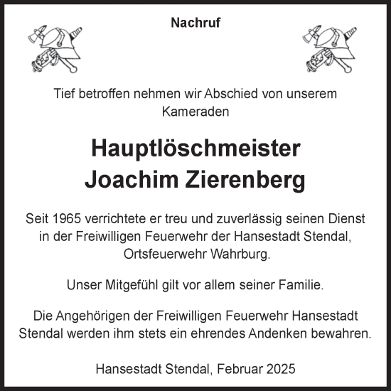 Traueranzeige von Joachim Zierenberg von Volksstimme Altmark Ost