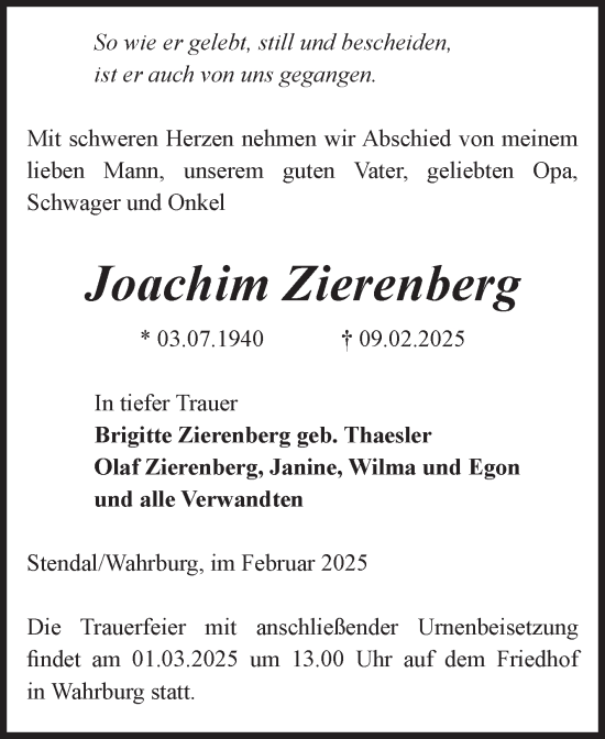 Traueranzeige von Joachim Zierenberg von Volksstimme Altmark Ost