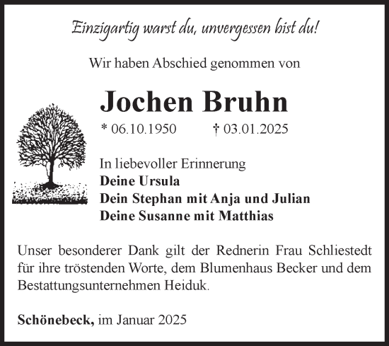 Traueranzeige von Jochen Bruhn von Volksstimme Schönebeck