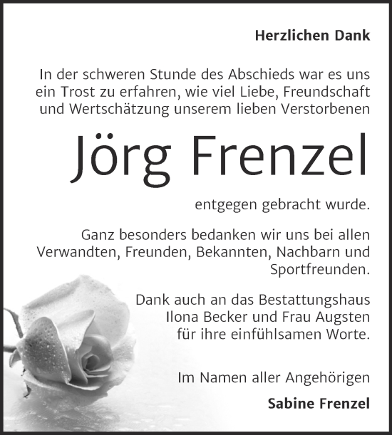 Traueranzeige von Jörg Frenzel von Trauerkombi Sangerhausen