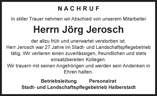 Traueranzeige von Jörg Jerosch von Volksstimme Halberstadt