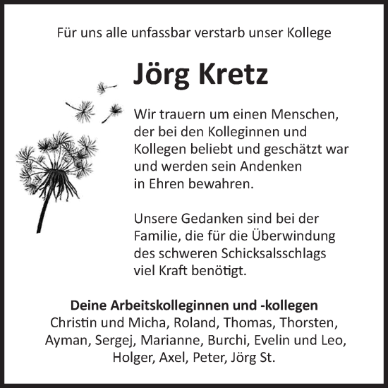 Traueranzeige von Jörg Kretz von Volksstimme Altmark Ost